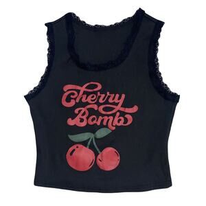 Cherry Bomb Graphic Tank Top - Coquette Lace Trim - Black & Red - Size M
